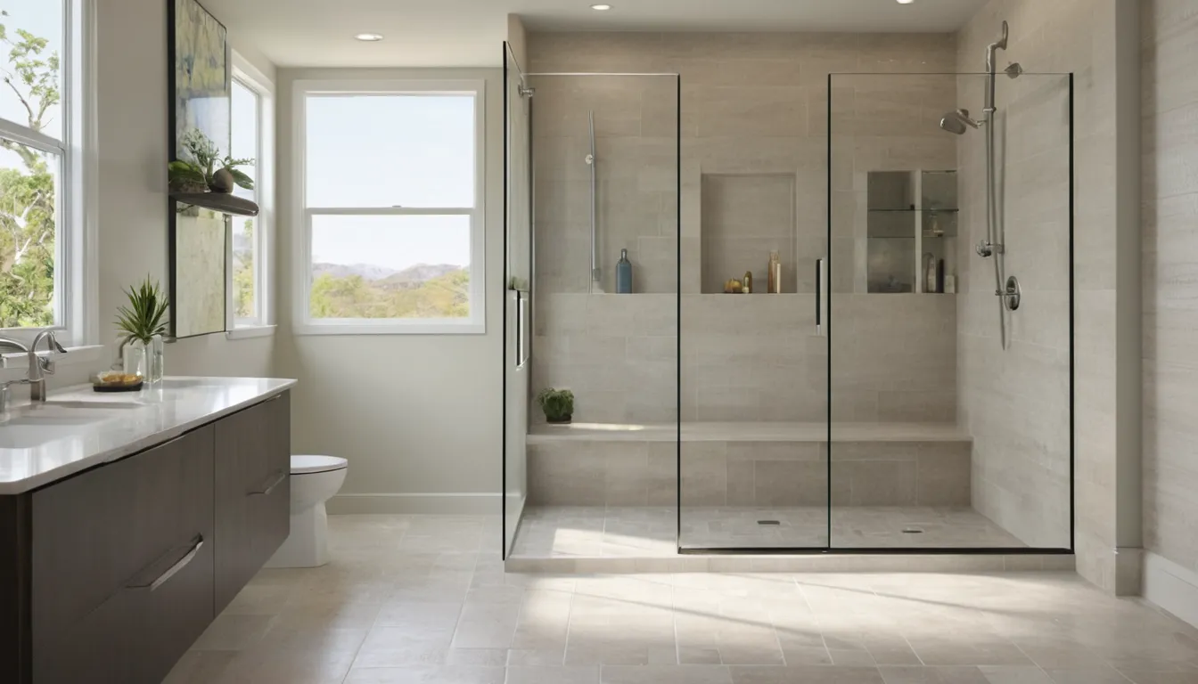 A bright bathroom in the Lake Grove area with a new low-entry walk-in shower, glass panel and fold-down seat where a tub once stood