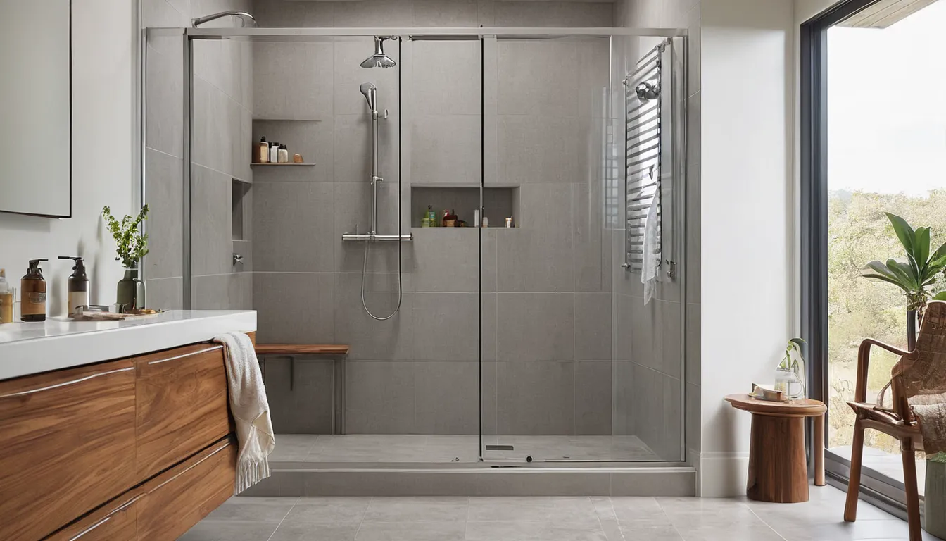 Bright, accessible walk-in shower with a grab bar and built-in bench in a Lake Grove home